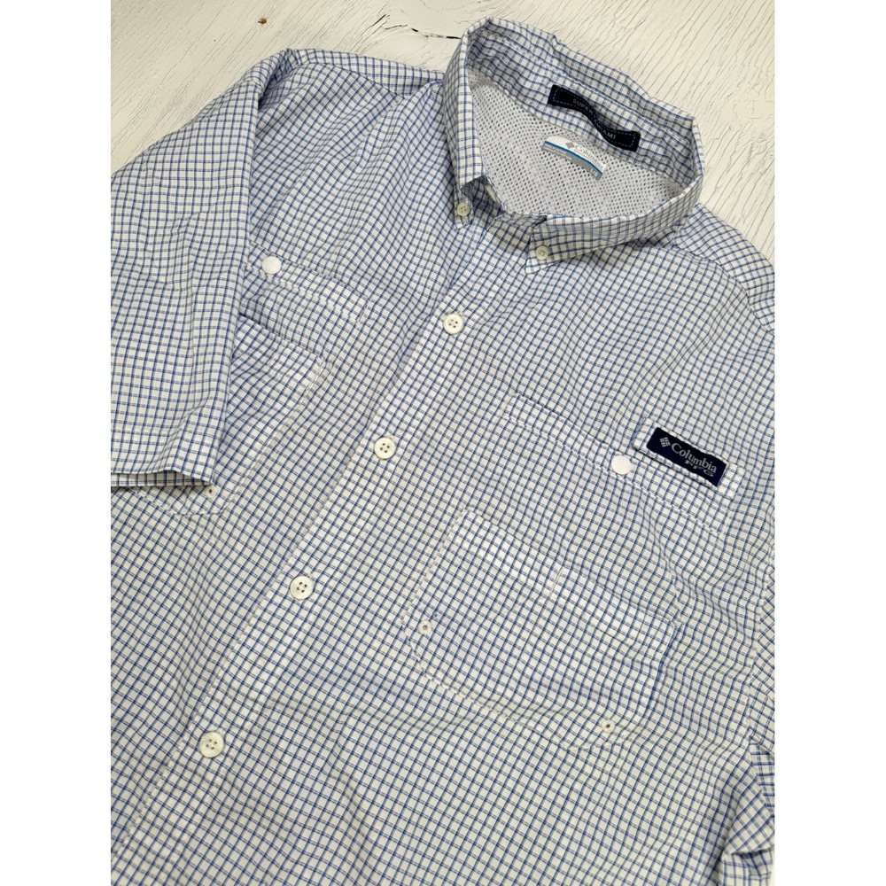 Columbia Super Tamiami PFG Fishing S/S Shirt Men Large Blue White Plaid FM7189